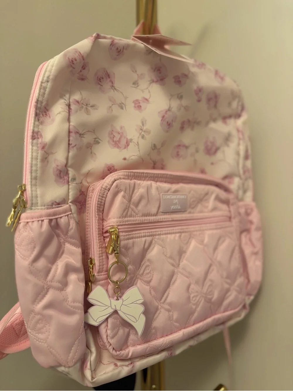 LoveShackFancy Pink Floral Quilted Kids Backpack with Bow Charm
